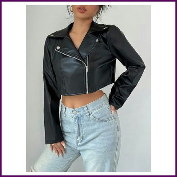 PU Leather Cropped Moto Jacket Zip Up Women's Faux Leather Coat - Picture 3 of 6